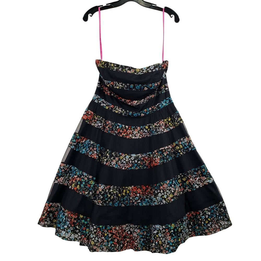 Betsey Johnson Fit & Flare Dress Womens 12 Black Floral Tiered Whimsigoth Y2K - Picture 2 of 11